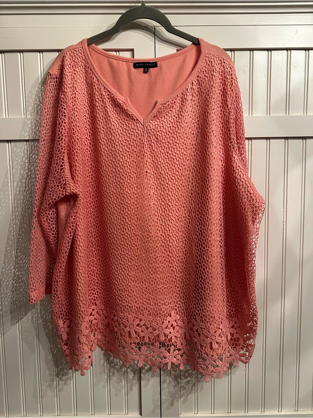 Napa Valley Coral Crochet-Trim V-Neck Pullover Sweater Size 2X